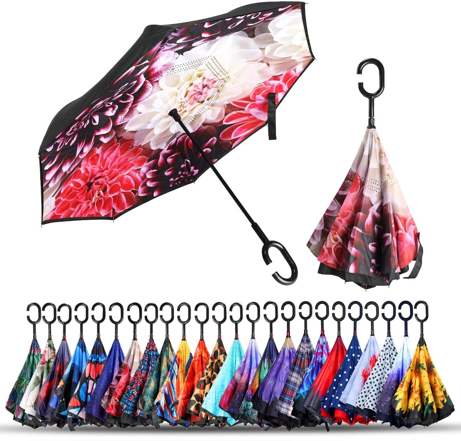 Double Layer Inverted Umbrellas Reverse Folding Umbrella Windproof UV Protection Big Straight Umbrella Inside Out Upside Down for Car Rain Outdoor With C-Shaped Handle 