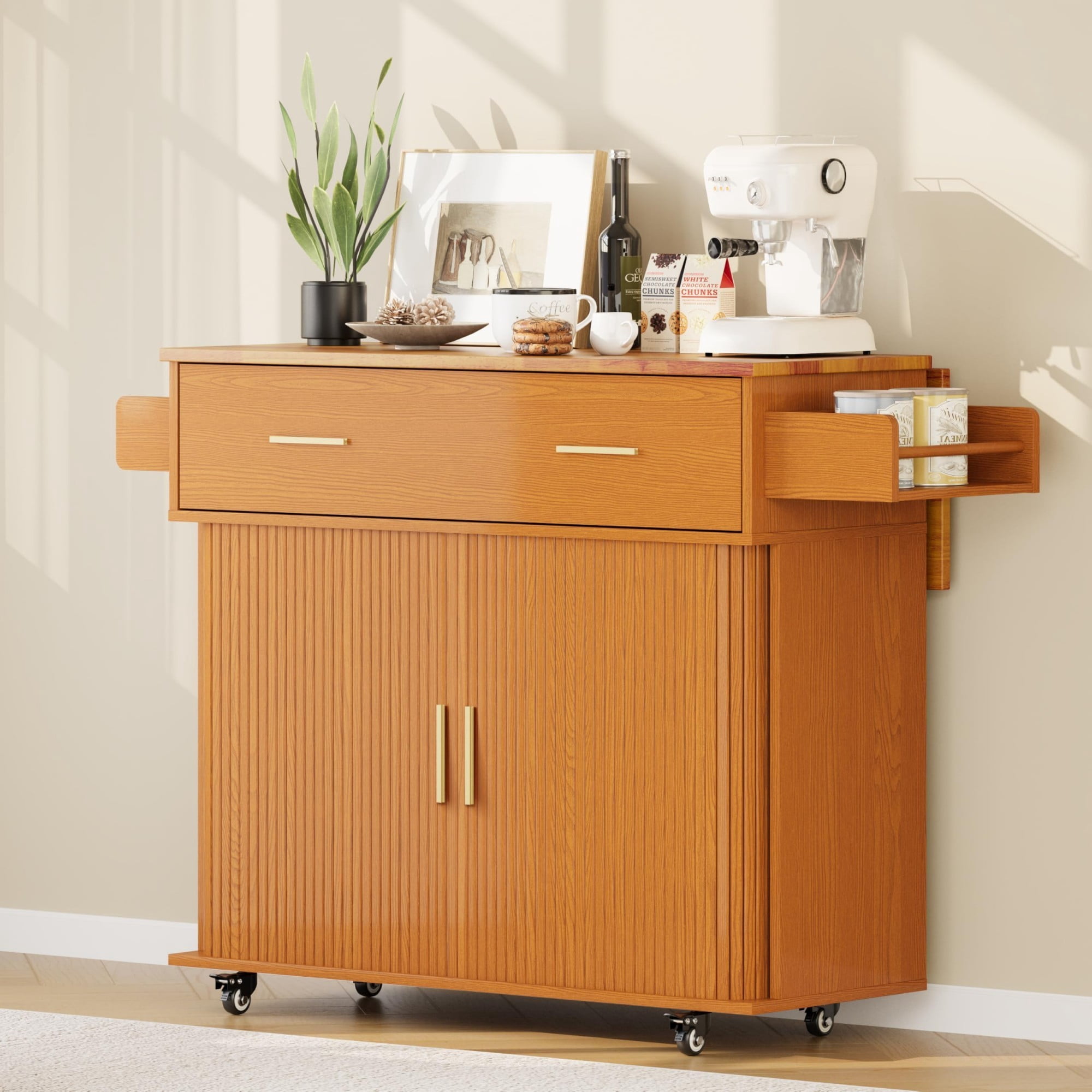 Rolling Kitchen Island Cart with Drop Leaf, Mobile Kitchen Cart on Wheels with Sliding Door, Drawer & Storage Rack, Yellow