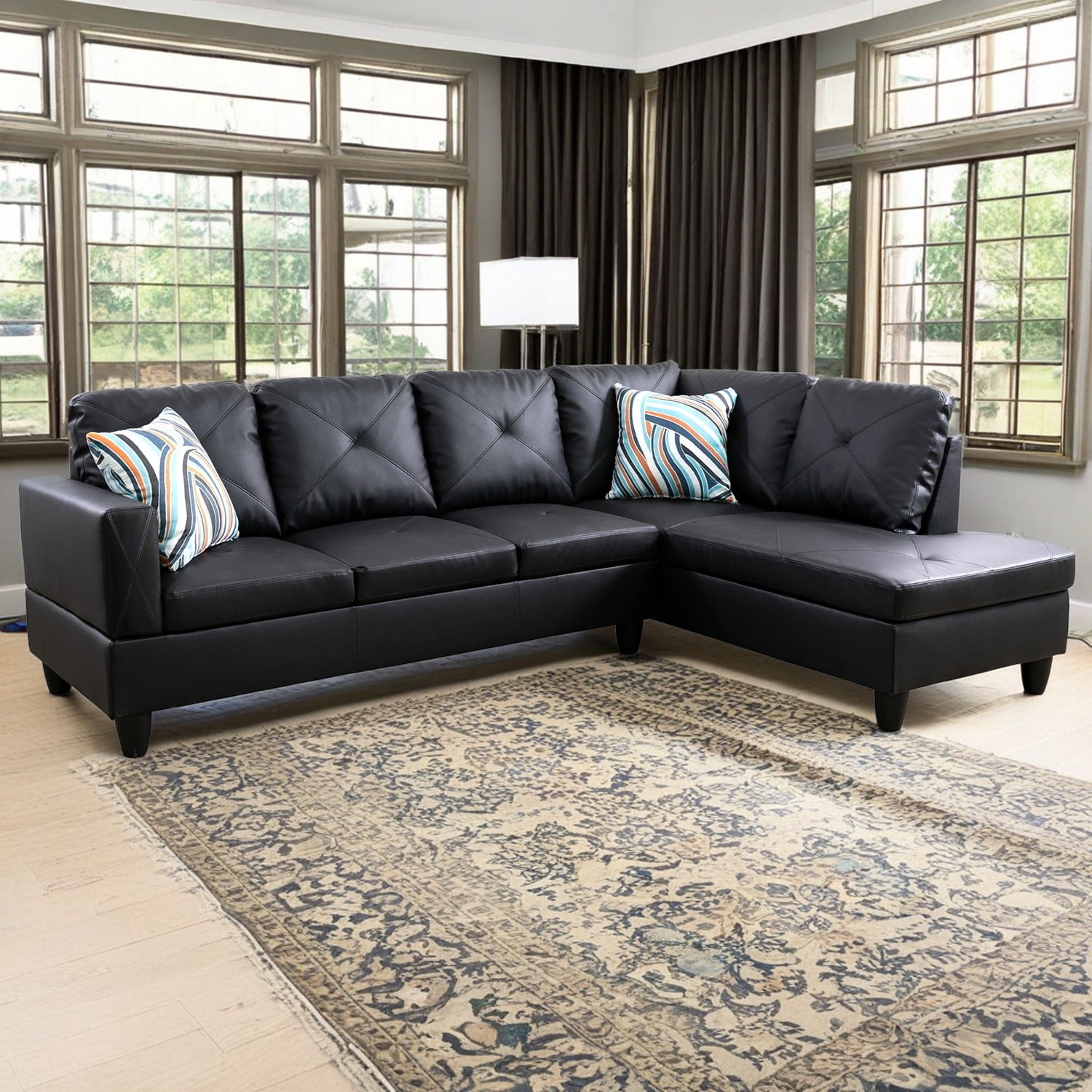 Hommoo 4-Seat Faux Leather Sectional Sofa Couch with Chaise Lounge, L Shaped Sofa Set living room furniture Sofa sets for Home, No Ottoman, Black