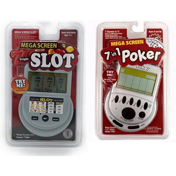 Mega Screen Electronic Game Bundle - Mega Screen Slot Machine Handheld Game and Mega Screen 7 in 1 Handheld Poker Game