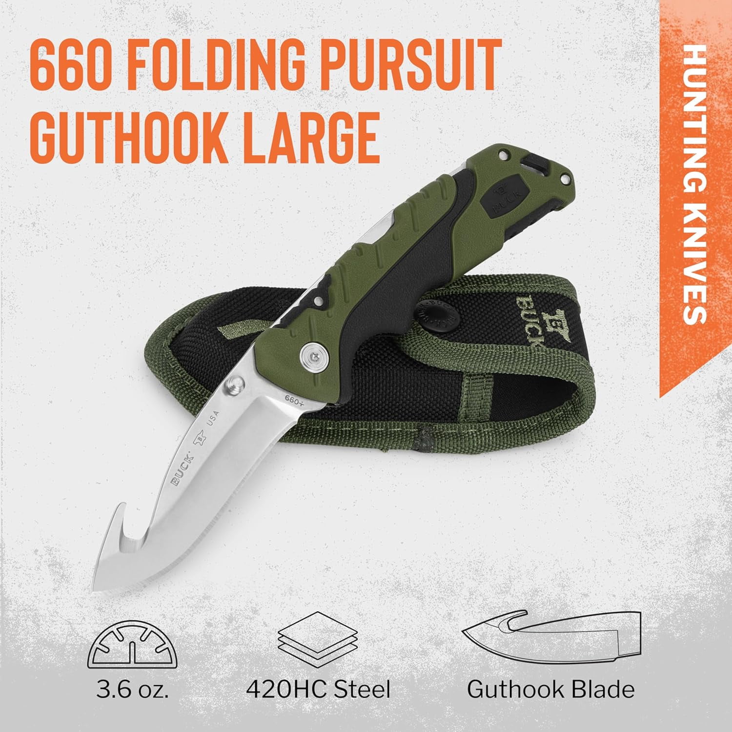 Buck Knives 660 Large Folding Pursuit Guthook Hunting Knife, 3-1/2" Blade, Nylon Handle, Green, 3.6 oz