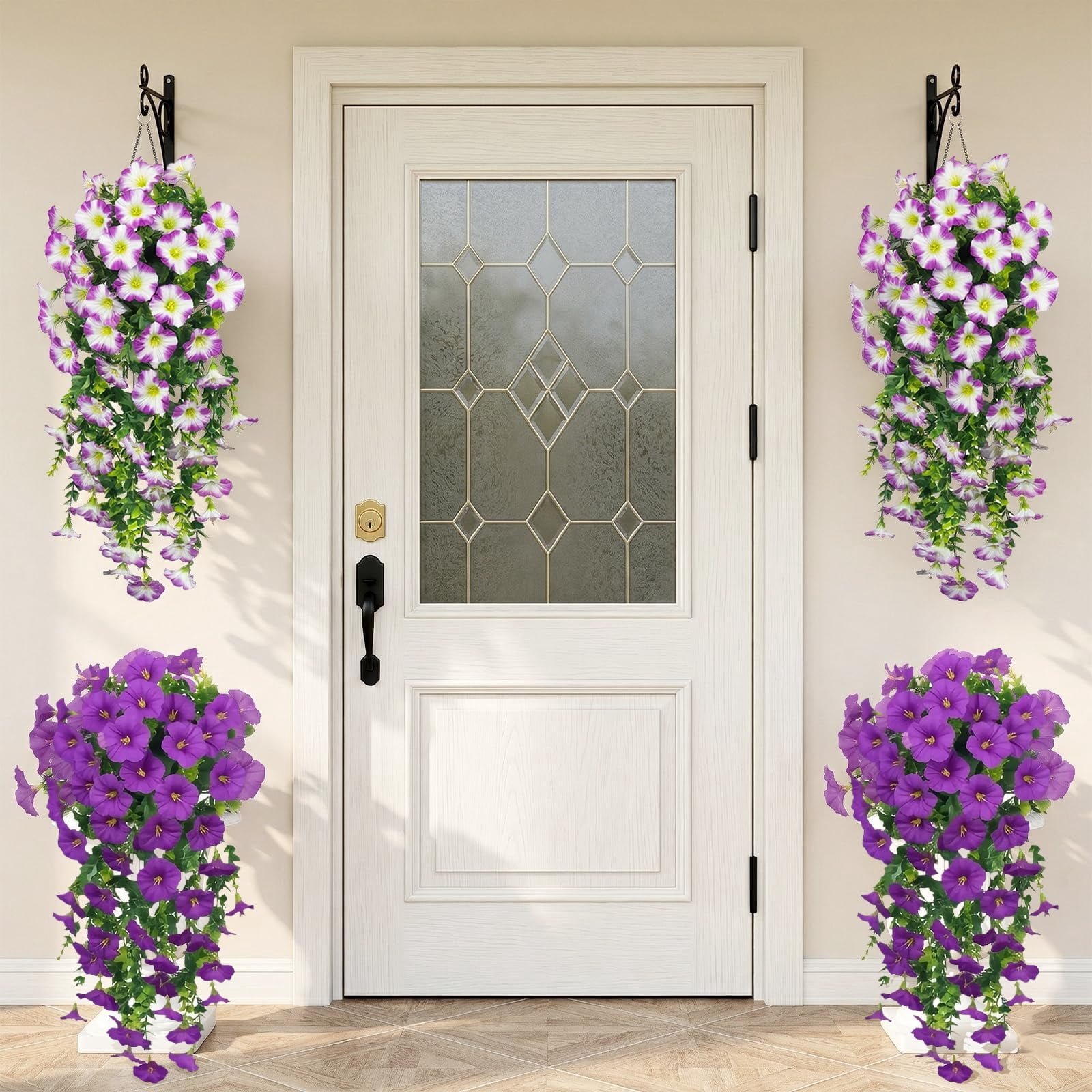 Artificial Hanging Flowers for Outdoors, 6 PCS Silk Morning Glory Artificial Flowers with Eucalyptus Leaves, UV Resistant Fake Flower Realistic Faux Plants for Home Patio Porch Garden0