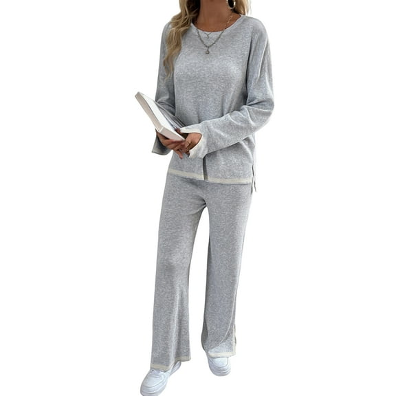 Womens Two Piece Outfits Casual Long Sleeve Knit Sweater Tops Matching Wide Leg Pants Tracksuit Lounge Sets Grey M