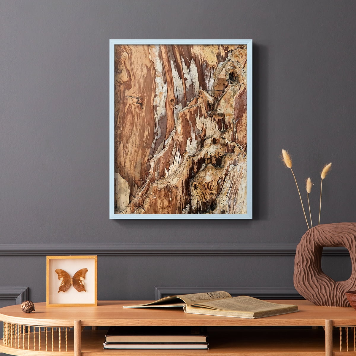 Tree Texture Triptych I Framed Print in Blue Solid Wood Framed Print No Nail Hanging