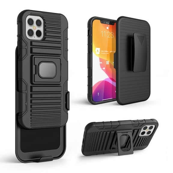 Case for Apple iPhone 12/iPhone 12 Pro Case with Tempered Glass Screen Protector Belt Clip Holster Defender Rugged Shock Proof Armor Heavy Protection Phone Cover with Magnetic Mount Plate [Black]