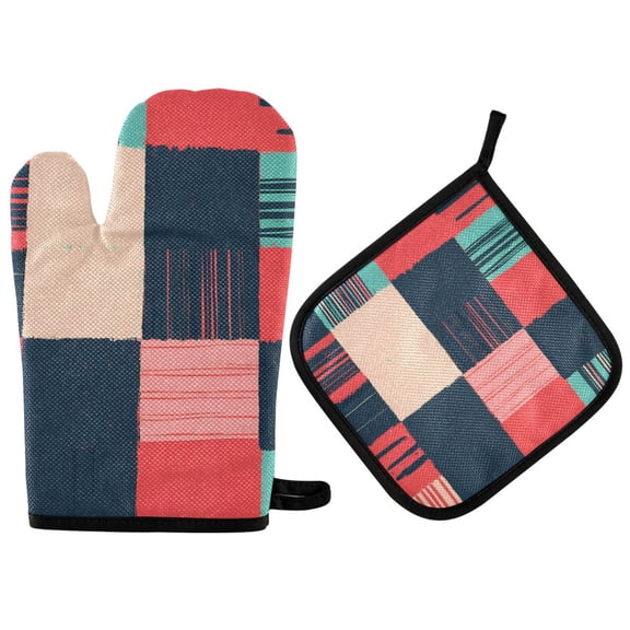 Yayeee Oven Mitts and Pot Holder Set of 2 Heat Resistant Kitchen Gloves Baking Hot Pad, Red Teal Plaid