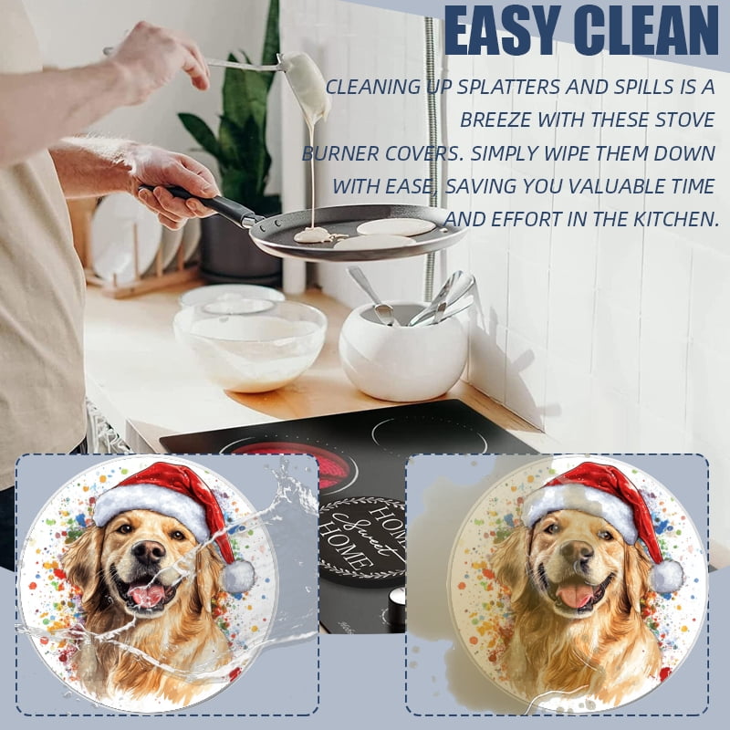 Christmas Burner Covers for Electric Stove, Christmas Cute Dog Colorful Xmas Vibe Metal Round Durable Round Gas Stove Burner Covers Set of 4 for Holiday kitchen, 8 Inches and 10 Inches