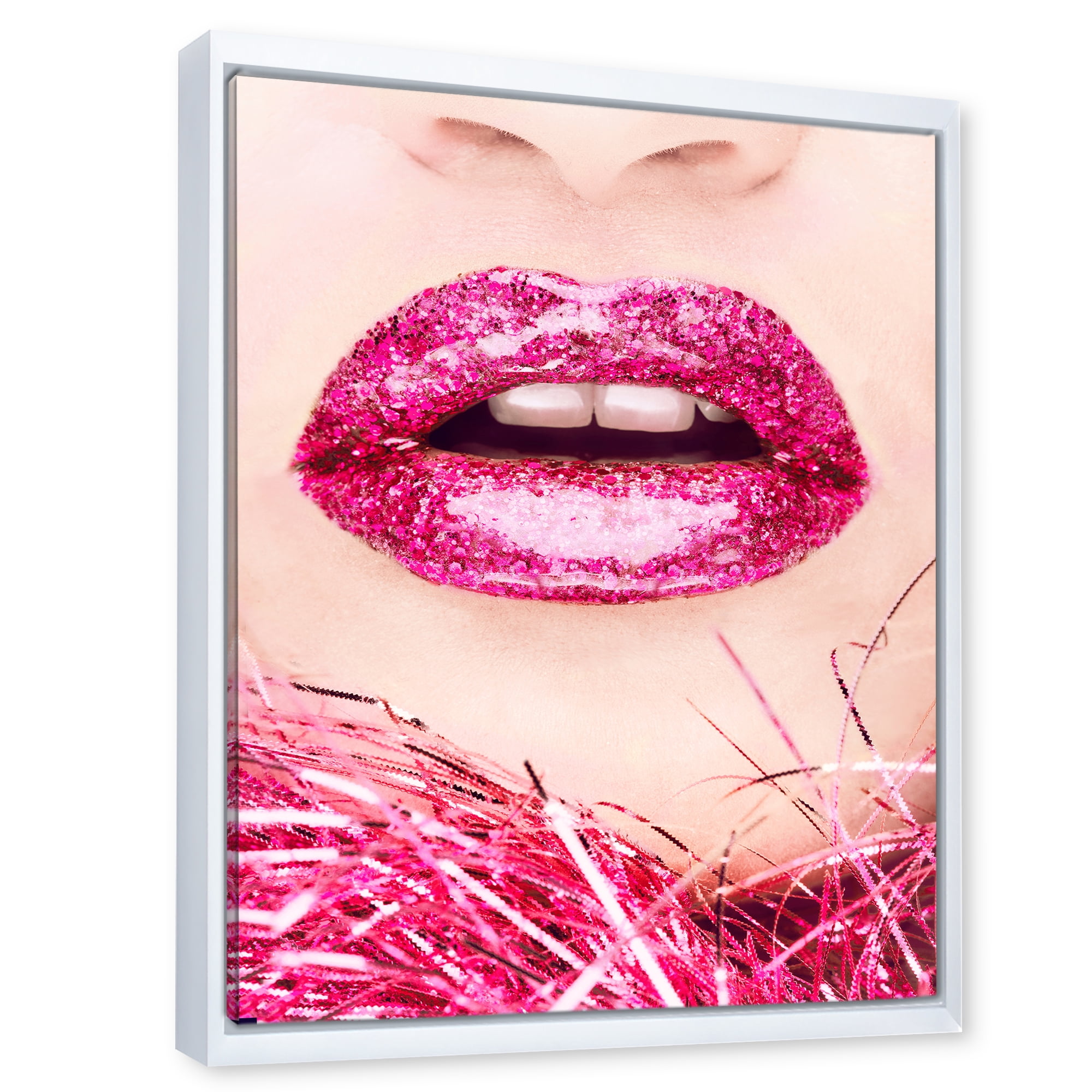 Designart 'Close-Up Of Golden Female Lips II' Modern Framed Canvas Wall Art Print