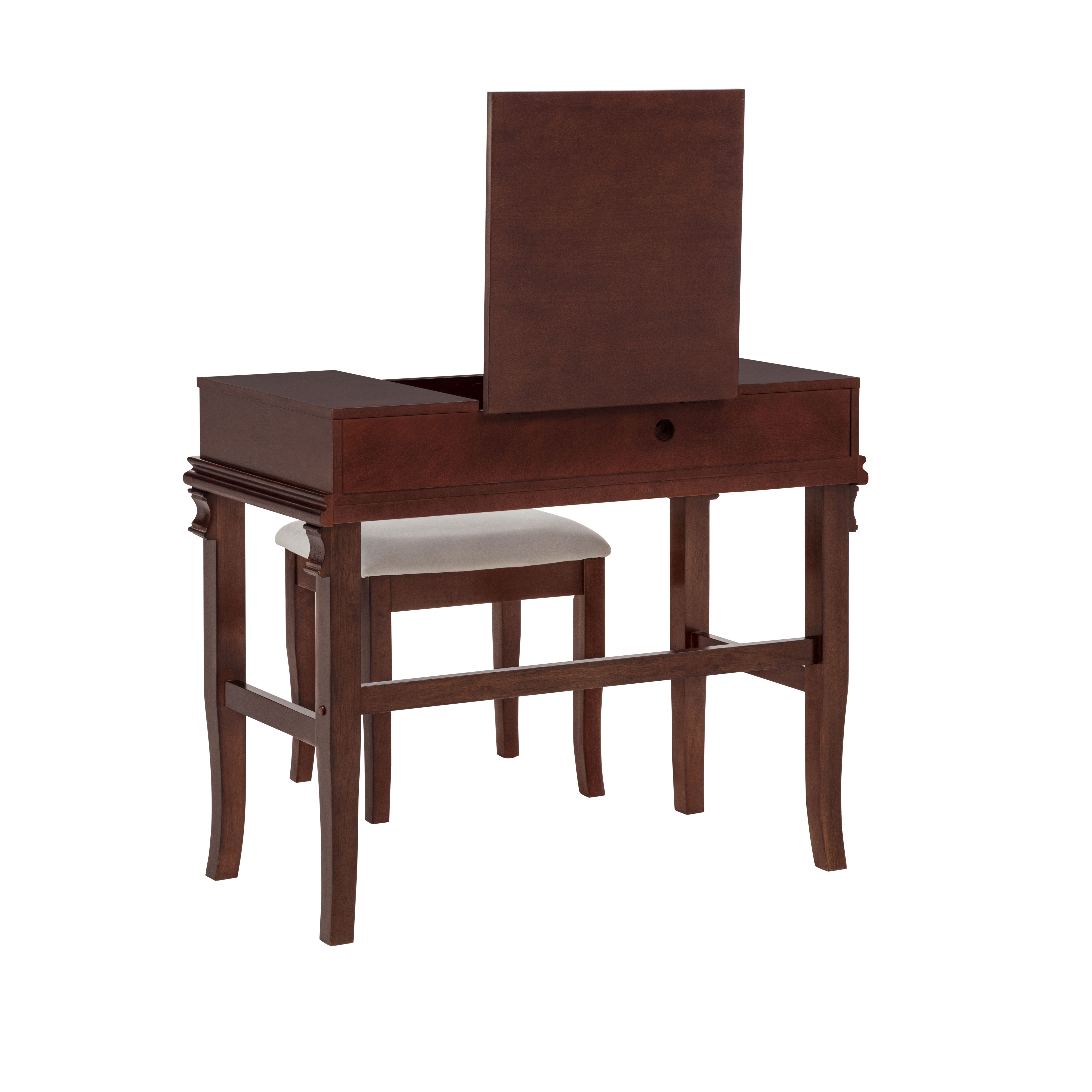 Linon Morton 2-Piece Vanity Set with Flip-Top Mirror and Upholstered Stool, Walnut/Beige