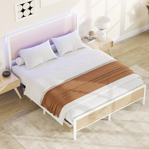 Rattan Bed Frame Full with Rattan Headboard,Bohemian Rattan Full Size Bed Frame with Led Lights,Solid Metal Foundation,Noise Free,No Box Spring Needed