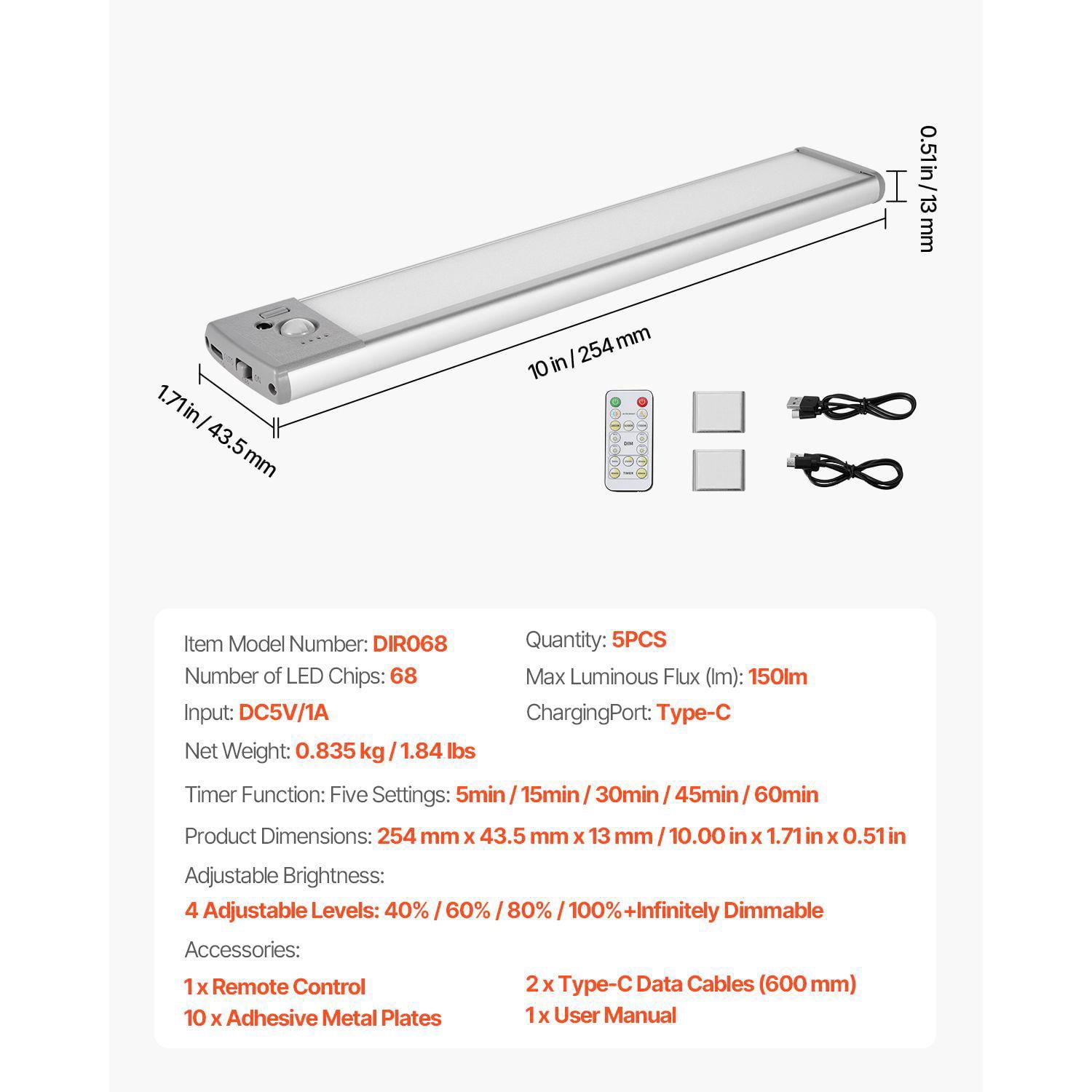 68 LED Motion Sensor Under Cabinet Lighting 5 PCS Rechargeable Wireless with Remote Control for Closet Counter Bookshelf Stair Hallway