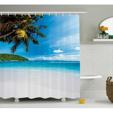 Cloud 9 Bar Long Beach Tropical Shower Curtain, Exotic Beach with White Sand and Palm Tree Green Forest Clear Sky and Clouds, Fabric Bathroom Set with Hooks, 69W X 84L Inches Extra Long, Blue White Green, by Ambesonne ()