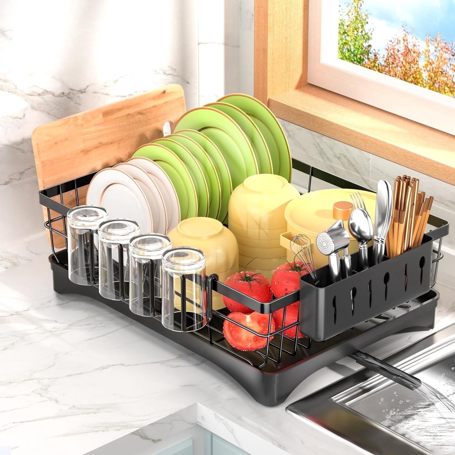 Dish Drying Rack, AOKIWO Kitchen Counter Stainless Steel Large 1 Tier Dish Drainer with Drainboard Over Sink for Cups, Knives, Spoons, and Forks (L16.9"*W12.5")
