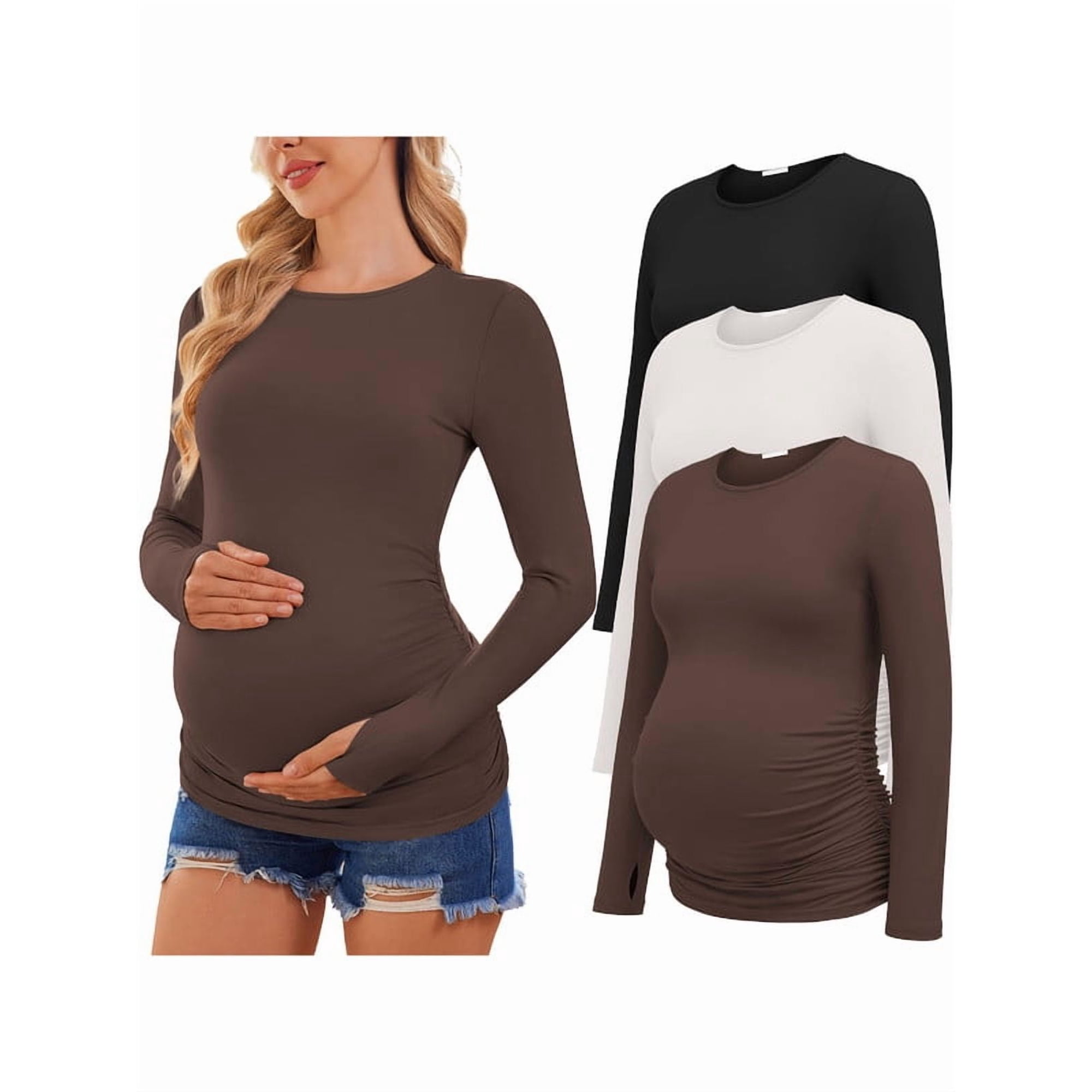 Weardear 3 Pack Maternity Shirts Long Sleeve Side Ruched Pregnancy Workout Tops with Thumb Hole Casual Crew Neck Tshirts for Women