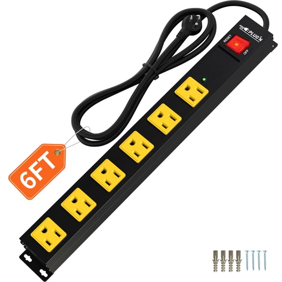 6 Outlet Power Strip 2700J Surge Protector, Heavy Duty Power Strips with Flat Plug and 6FT Long Cord, Wall Mountable Metal Outlet Strip for Desk, Garage, Workbench and Kitchen
