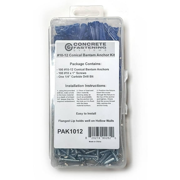 CONFAST® #10-12 Plastic Conical Blue Bantam Drywall Wall Anchor Kit PAK1012, Includes (100) Anchors, (100) Screws and (1) Drill bit (201 Pieces)