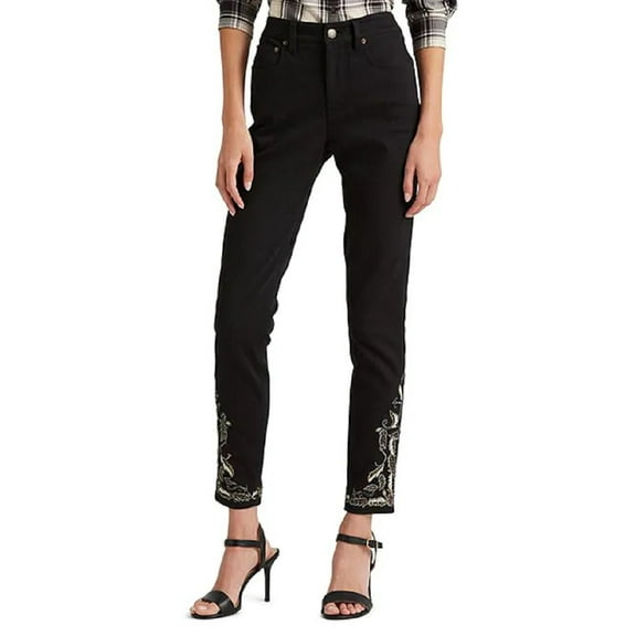 Ralph Lauren Women's Embroidered High Rise Skinny Ankle Jeans Black Size 16