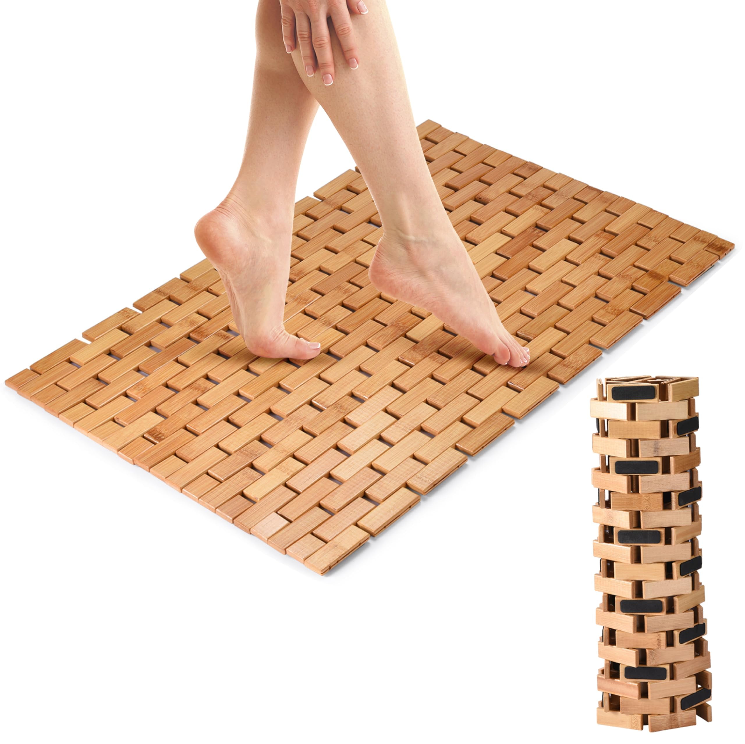 Wenko Natural Bamboo Bath Mat - White, Anti-Slip Backing, Folding Design