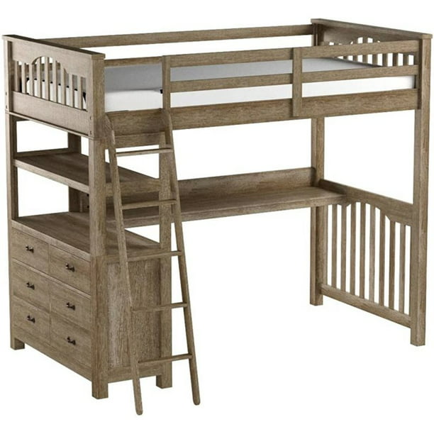 NE Kids Highlands Solid Wood Full Loft Bed with Desk in Driftwood 