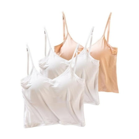 Tank Tops for Women under $5 Plus Size 3pc with Built in Bra Solid V-neck Short Padded without Steel Ring Integrated Padded Suspender White XL