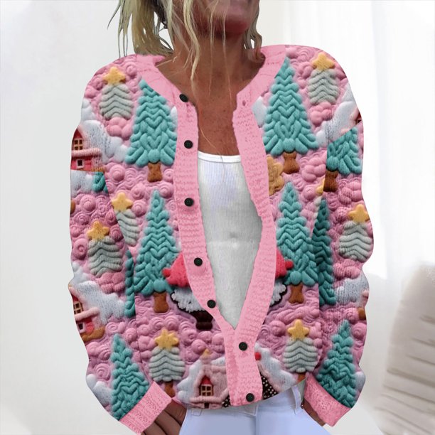 Cárdigan informal de punto con estampado navideño para mujer, chaqueta con botones y abrigo para mujer