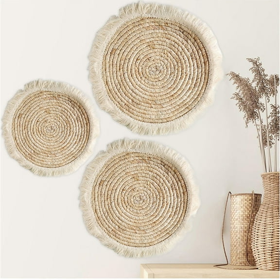 Rattan Woven Wall Hanging Decoration | Handmade Grass Circular Pendant | Natural Beige Home Decor | Living Room Accent | Rustic Boho Wall Art | 14.17in Diameter | 1 Piece