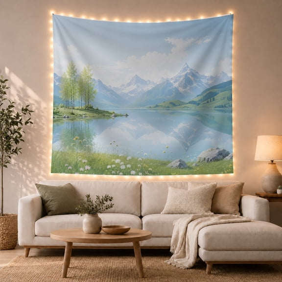 Calm Lake with Snowy Mountains and Wildflower Meadow, Serene Watercolor for Nature Lovers, Scenic Mountain Wall Art, Housewarming Gift Tapestry Wall Hanging for Bedroom and Living Room