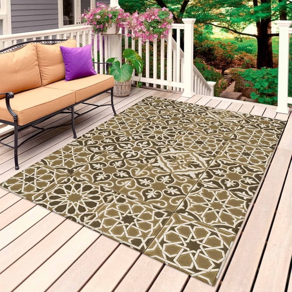 Traditional Morocco Outdoor Rug 4x6 Ft, Non Slip Washable Area Rug, Vintage Abstract Geometric Art Brown Patio Rugs Carpet Runner, Large Floor Mat for Indoor/Outdoor Deck Porch Camping