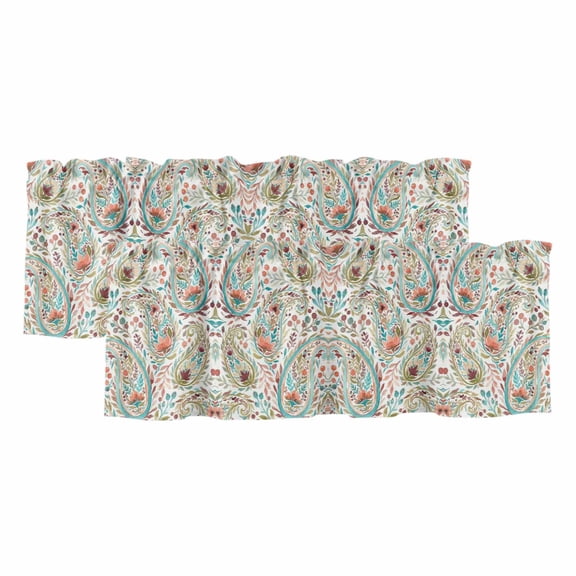 Boho Flower Valances for Windows, Decorative Rod Pocket Window Valance Curtains, Spring Watercolor Botanical Paisley Floral Leaf Short Curtain Drapes for Kitchen/Living Room, 2 Panels, 60" W x 18" L