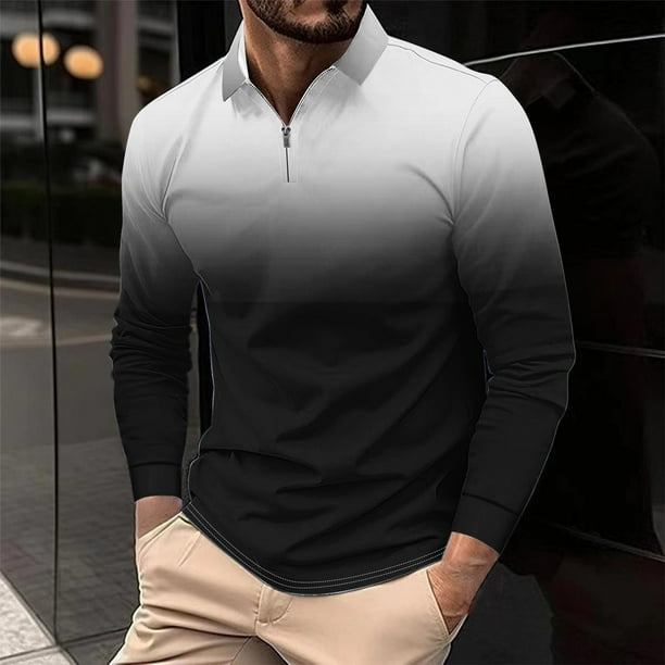 Blusa y camisa de manga larga con cuello vuelto para hombre, informal, con cuello vuelto, estampado, para fitness, deportiva, de manga larga, de poliéster