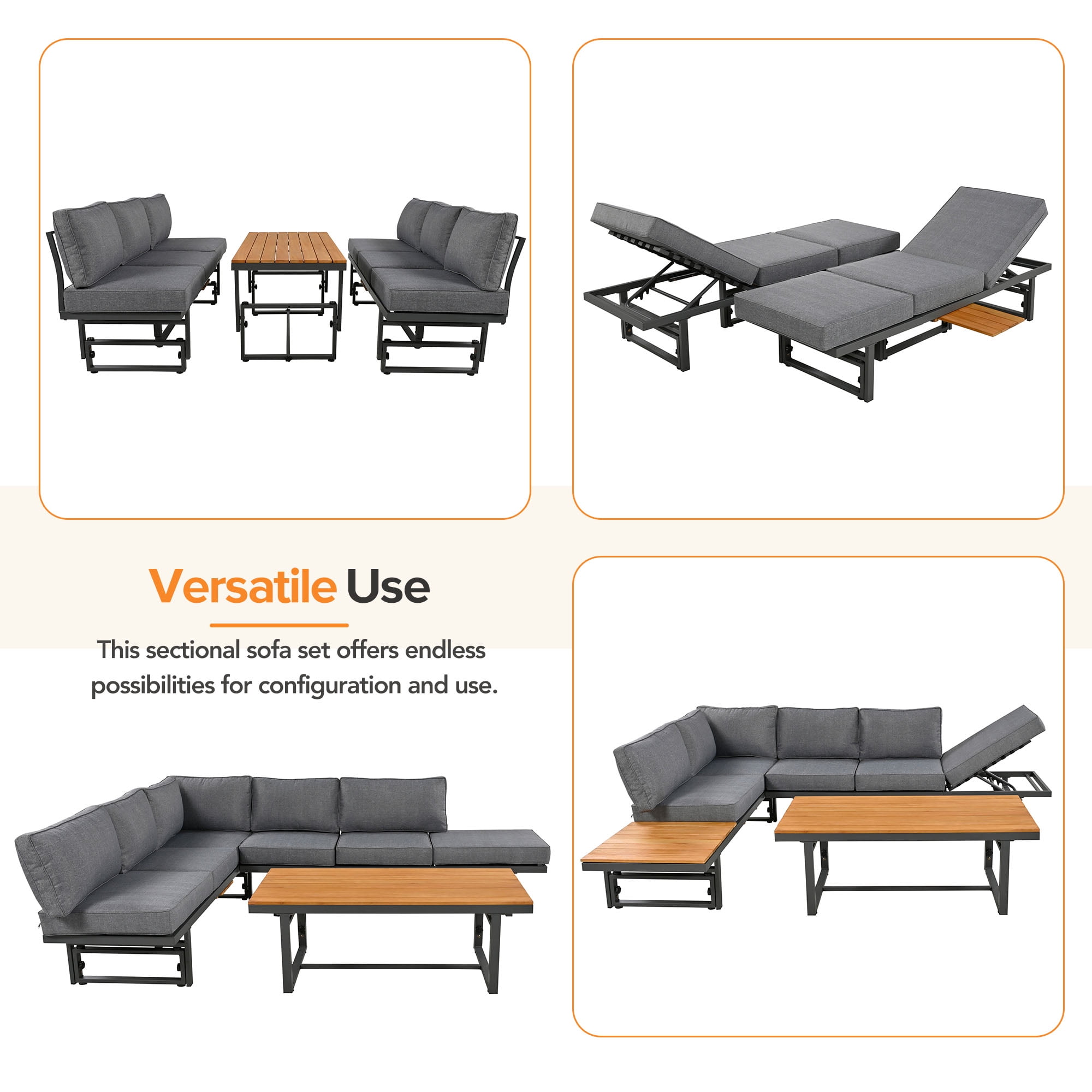 Harper & Bright Designs Metal Patio Conversation Furniture Set, 3 Pieces Modern Outdoor Sectional Sofa Set with Coffee Table and Height Adjustable Seating for Garden and Backyard, Grey