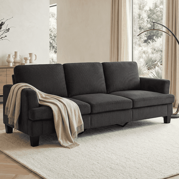 3 Seater Sofa, 84"W Corduroy Sofa with Extra Deep Seats, Classic Modern Couch for Living Room, Dark Gray