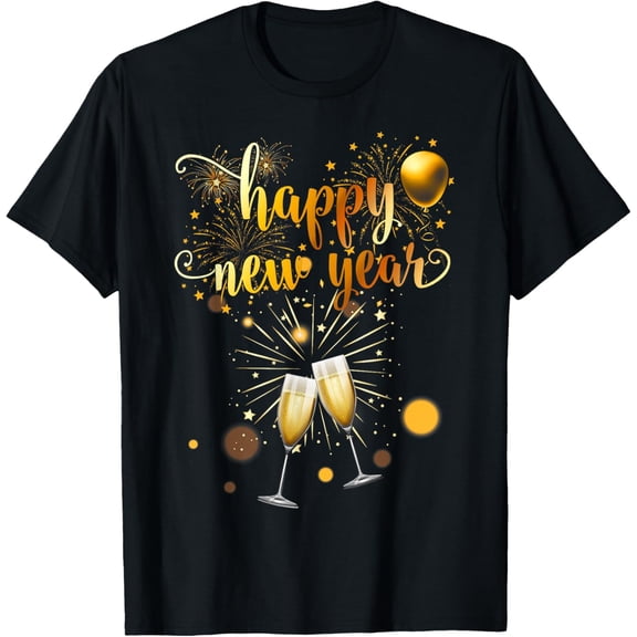 New Years Eve Party Supplies 2025 Happy New Year Fireworks T-ShirtMen and women, Black T-shirt, size: Extra large