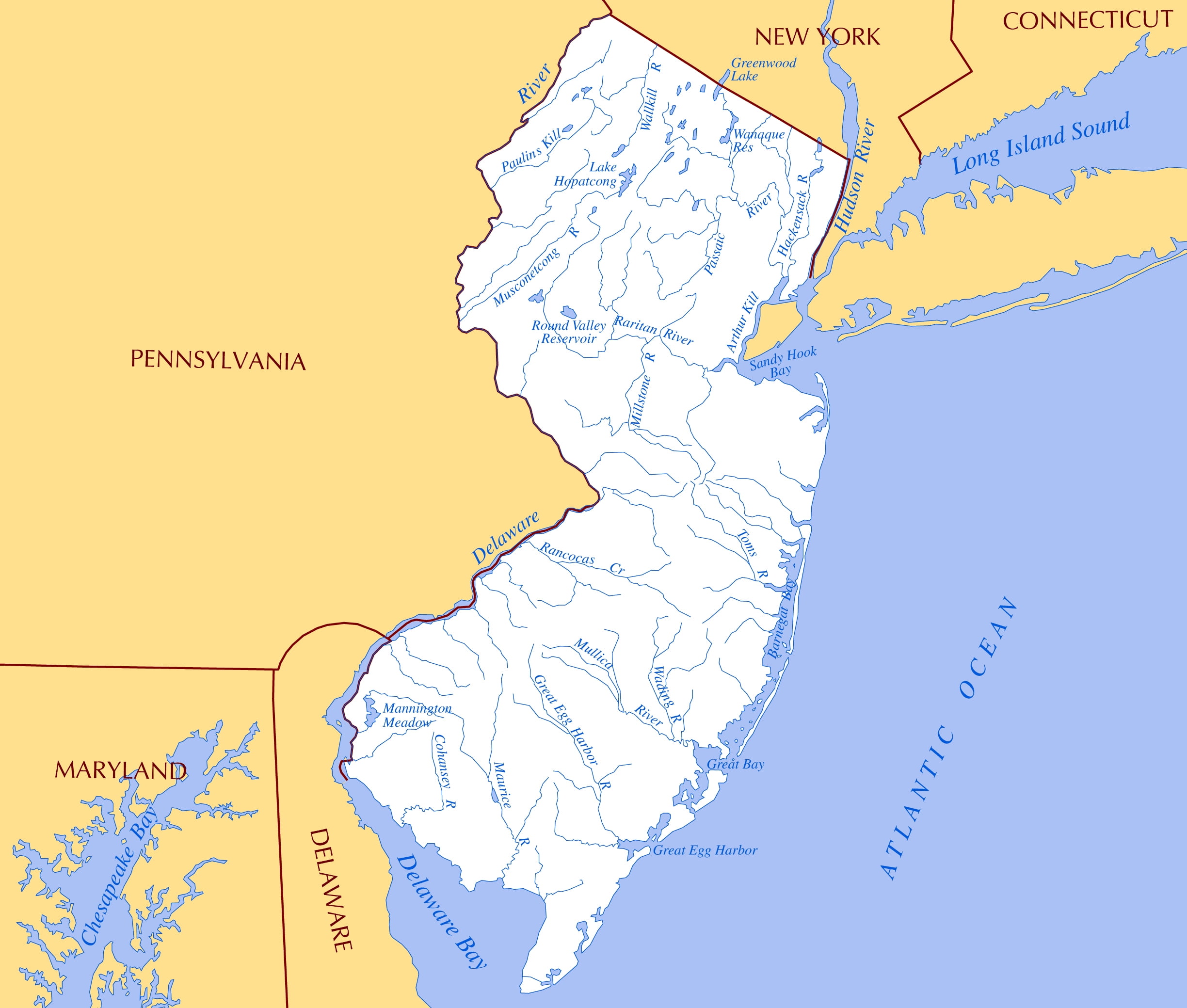 Laminated Map Large rivers and lakes map of New Jersey state Poster