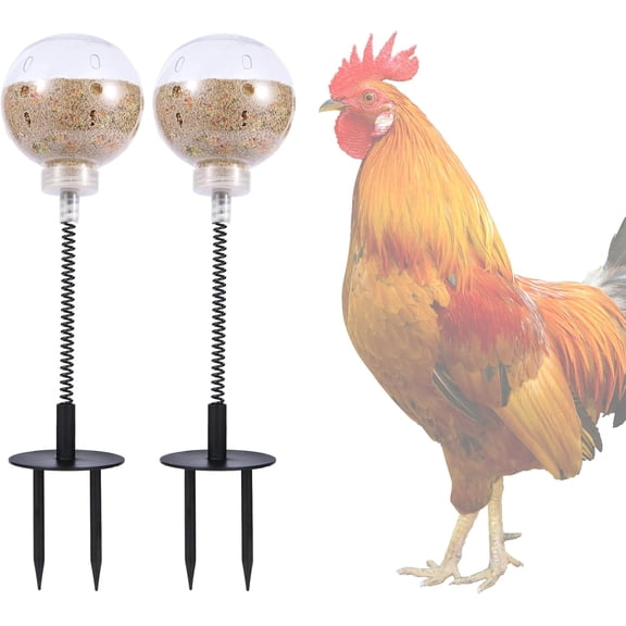 Chicken Peck Toy, 2 Pack Slow Feeder Ball, Chicken Coop Enrichment Toys for Hens and Poultry, Ground Stake Feeder for Birds, Clear Foraging Ball