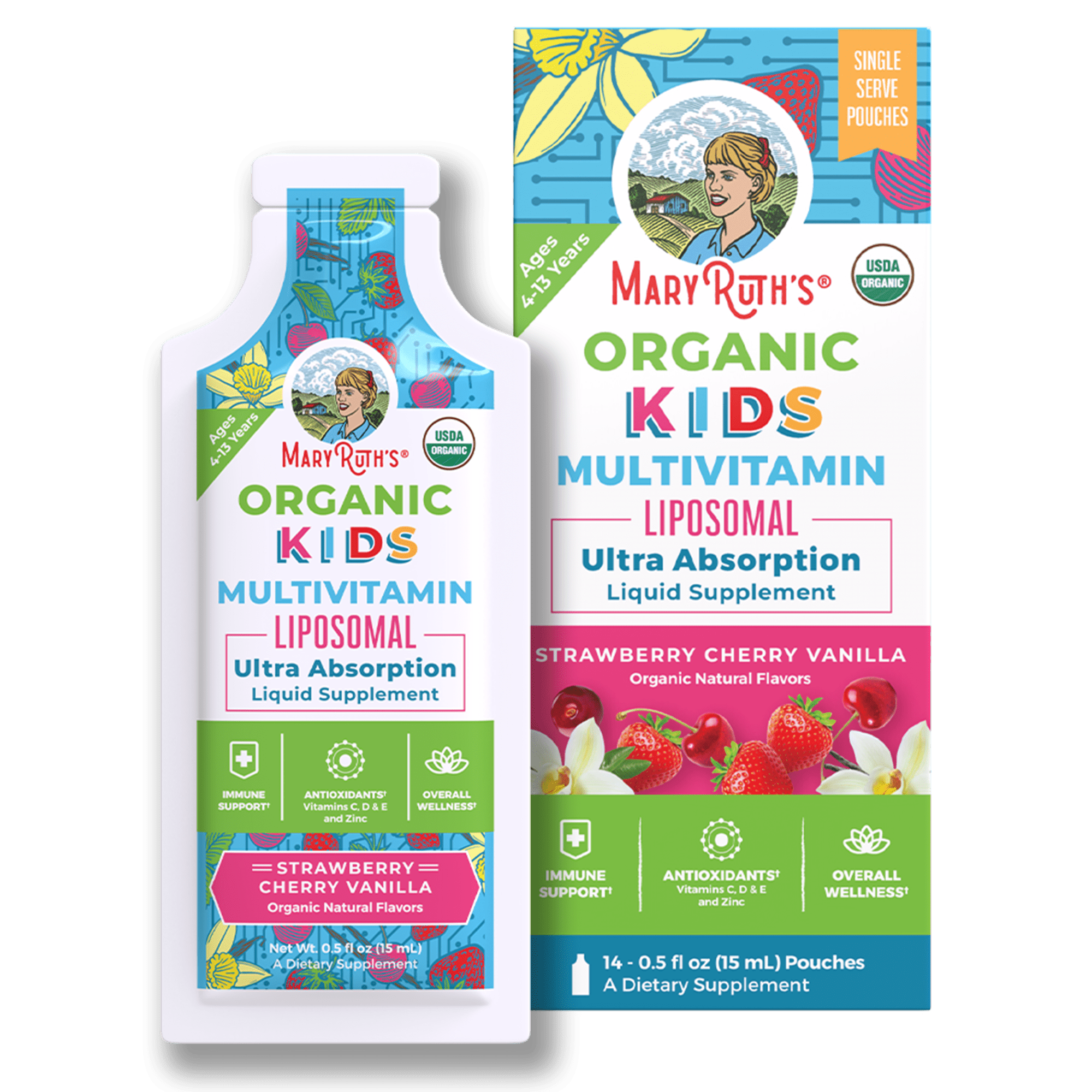 Multivitamin for Kids USDA Organic | Sugar Free Kids Multivitamin | Liquid Vitamins for Kids | Immune Support Supplement | Cognitive Health & Overall Wellness | Vegan | 14 - 0.5 Fl Oz Pouches