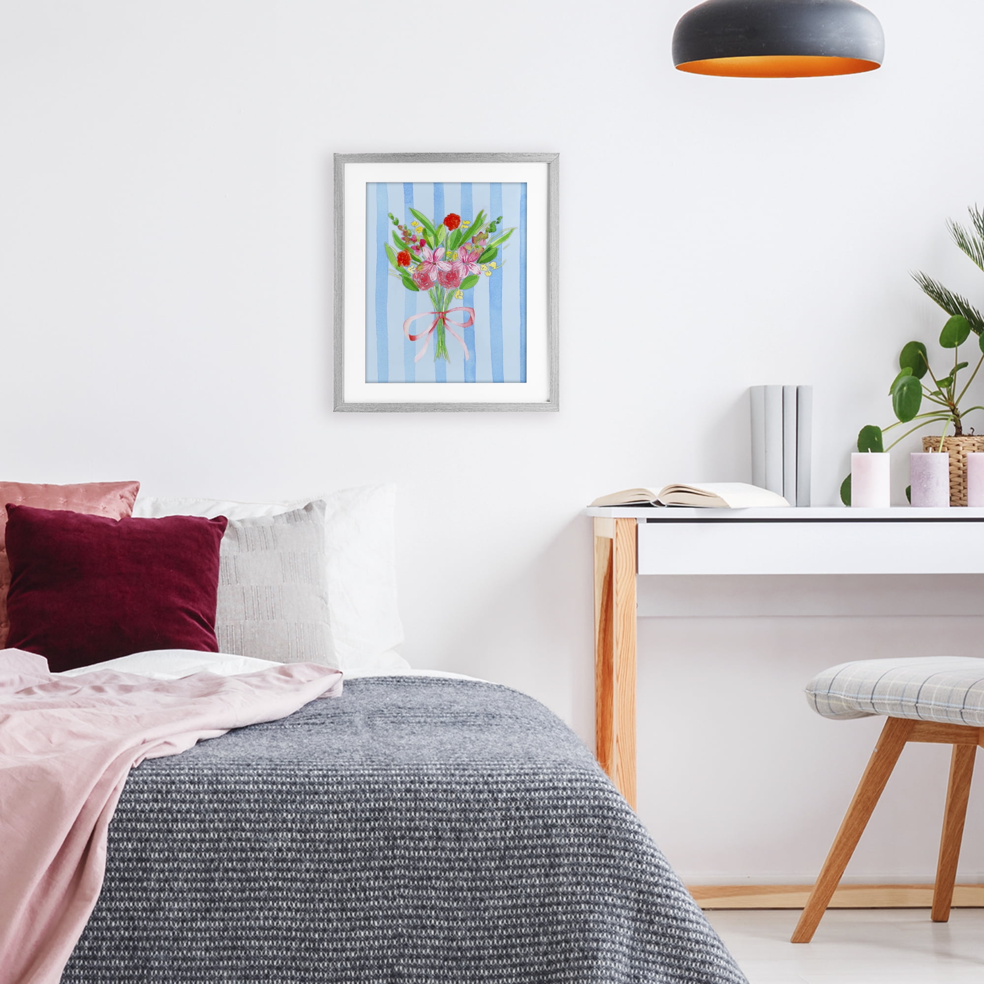 Bright Springy Bouquet Stripes Gray Framed Print Under Glass, design by Nina Jacobs