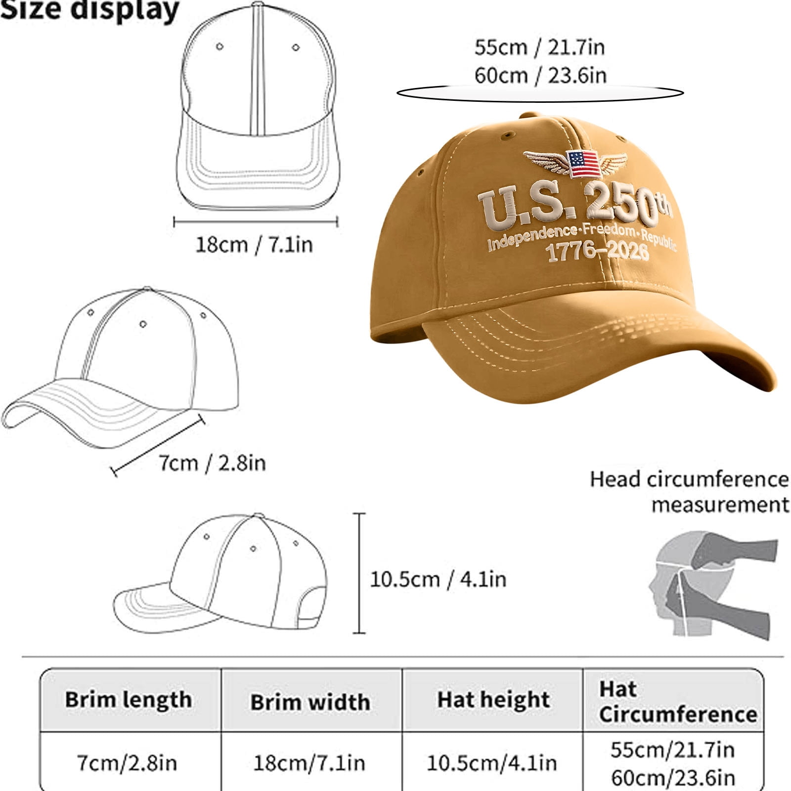 Aodebiao Casquette De Baseball Patriotique Ajustable 250e Anniversaire Drapeau USA Vintage Chapeau Lavé Pour Hommes Femmes