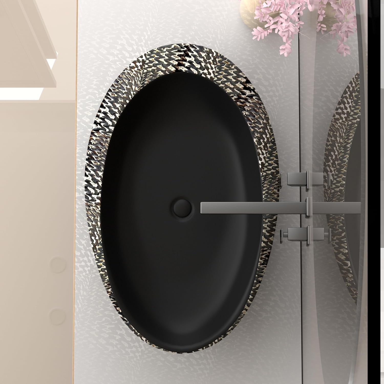 WinZo Bathroom Artistic Vessel Sink, 23"W×15"D×5.9"H Egg-Shaped Sink Retro Ceramic Washbasin Above Counter for Bathrooms, Modern Countertop Bowl Sink, Carved Black