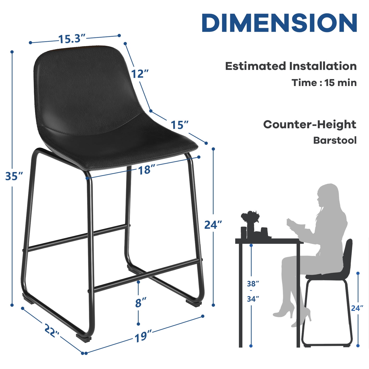 TAVR 24" Bar Stools Set of 3 with Back, Faux Leather for Home, Kitchen, Black