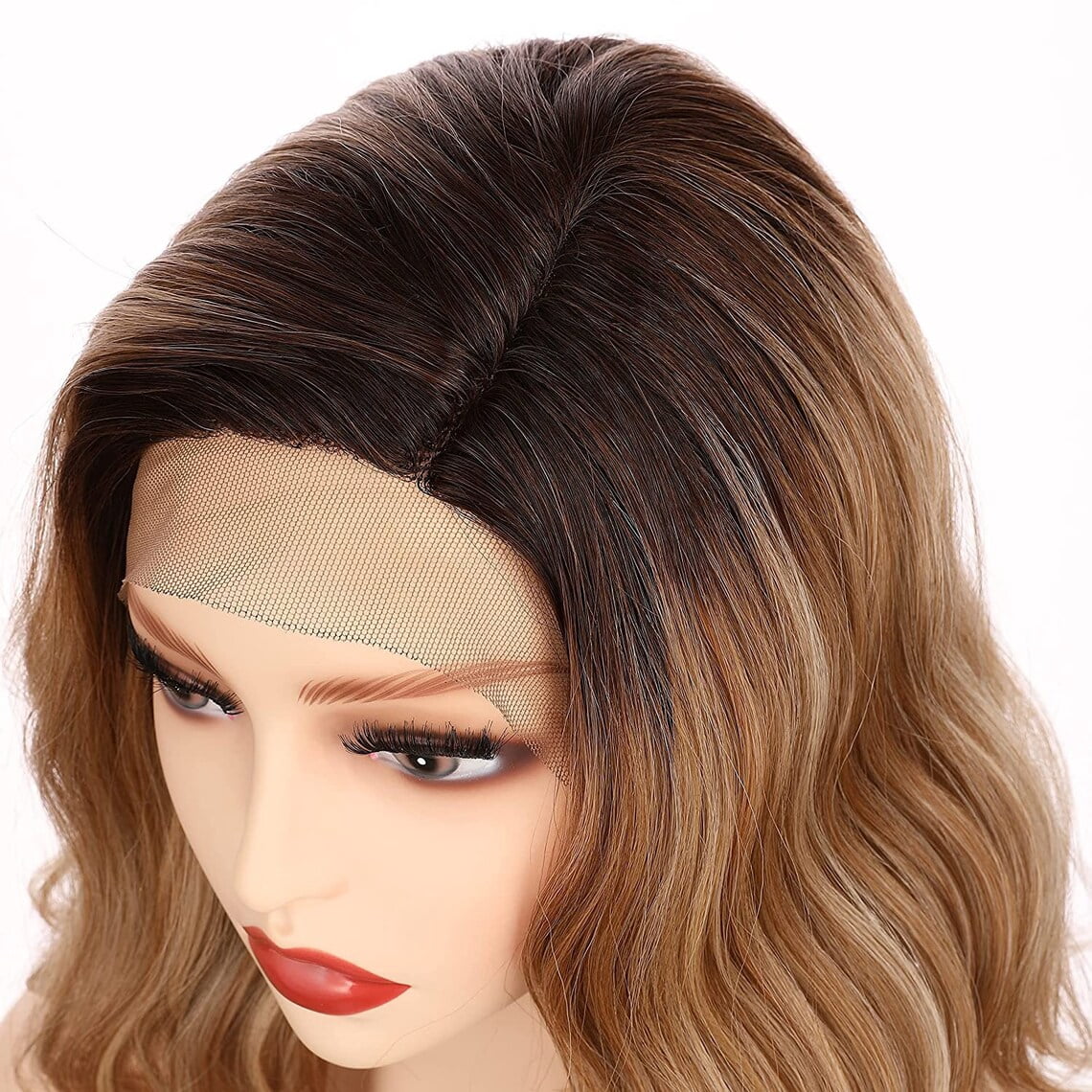 Onedor Shoulder Length Side Part Lace Front Short Wavy Hair Bob Wigs for Women(Dark Blonde Evenly Blended & Platinum Blonde with Dark Roots)