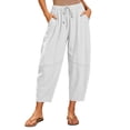 thumbnail image 2 of Ayolanni Flowy Pants for Women Solid Elastic Waist Casual Jogger Pants Boho Drawstring Straight Loose White Trousers with Pockets L, 2 of 8
