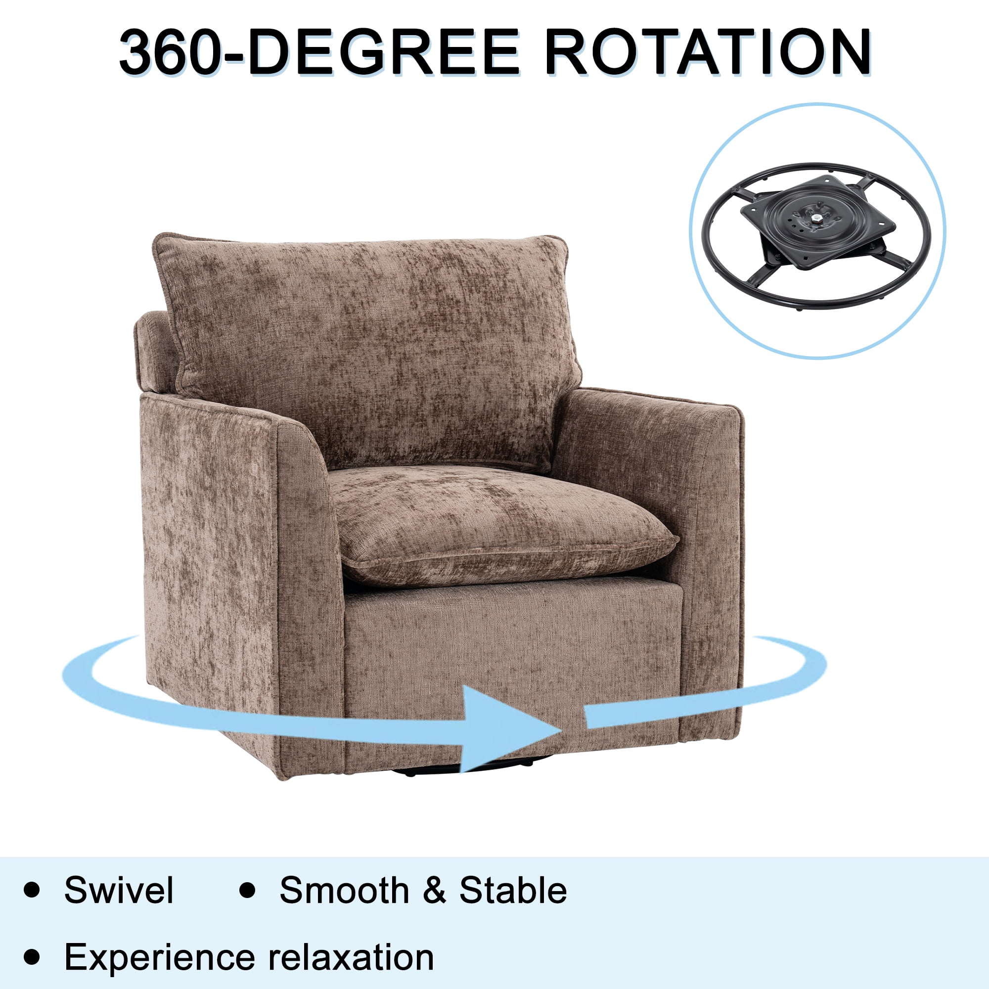PORKISS 360° Swivel Accent Chair, Chenille Upholstered Bedroom Chair with Thick Cushion & Metal Base, Modern Reading Armchair for Living Room/Bedroom, Brown