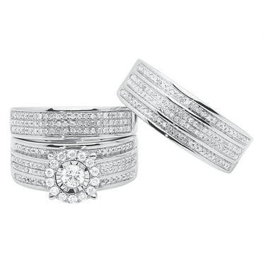 10k White Gold Mens Ladies Pave Diamond Trio Wedding Ring Set (1.20 ct)
