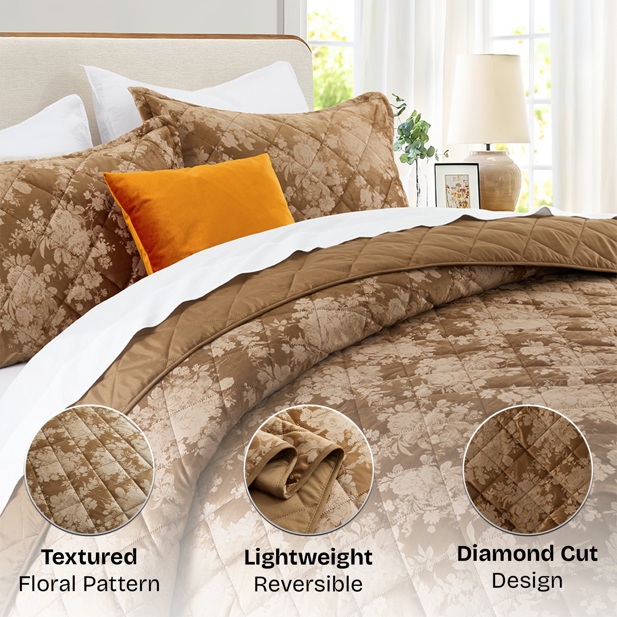 Ameha 3-Piece Velvet Quilt Set Floral Diamond Pattern Ultrasonic Embossed Bedspread Reversible Lightweight Microfiber Coverlet King Size Caramel
