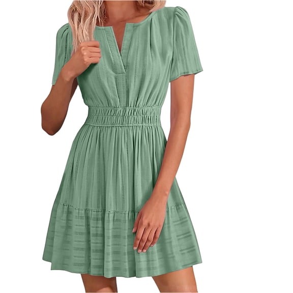 Admvng Women's Dresses V Neck Pleated Short Sleeve Elastic Waist Casual Summer Comfortable Everyday Dress