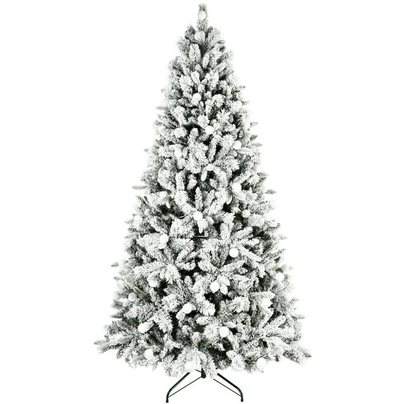 Demi Bonn 8ft Artificial Flock Christmas Tree with 1793PE/PVC Mixed Branch Tips & 470L Warm White Lights, Hinged Foldable Base for Indoor Holiday Decorating, White