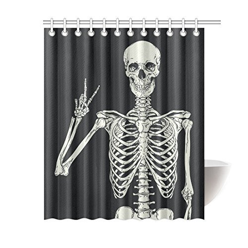 ABPHQTO Cortina de ducha en blanco y negro, cortina de ducha de tela de poliéster con calavera de esqueleto humano Juegos de baño 150x180 cm