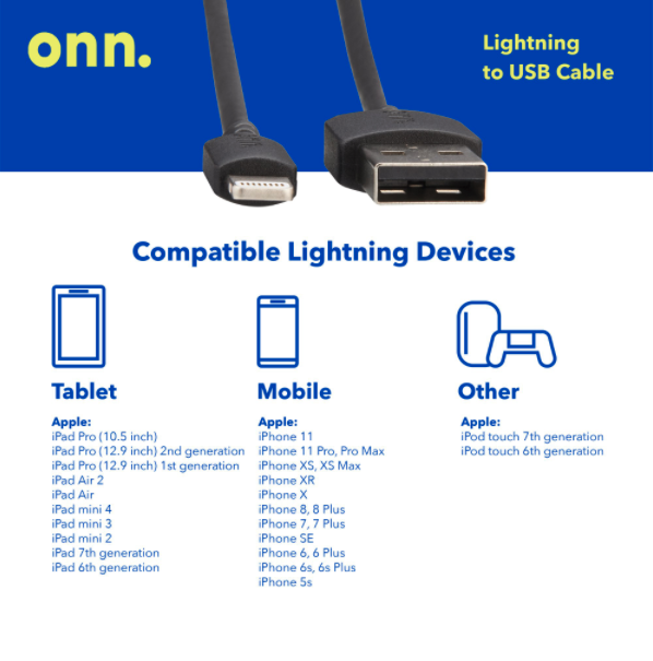 Onn Lightning to USB-A Cable, 10 Ft, MFI Certified, White photo 2