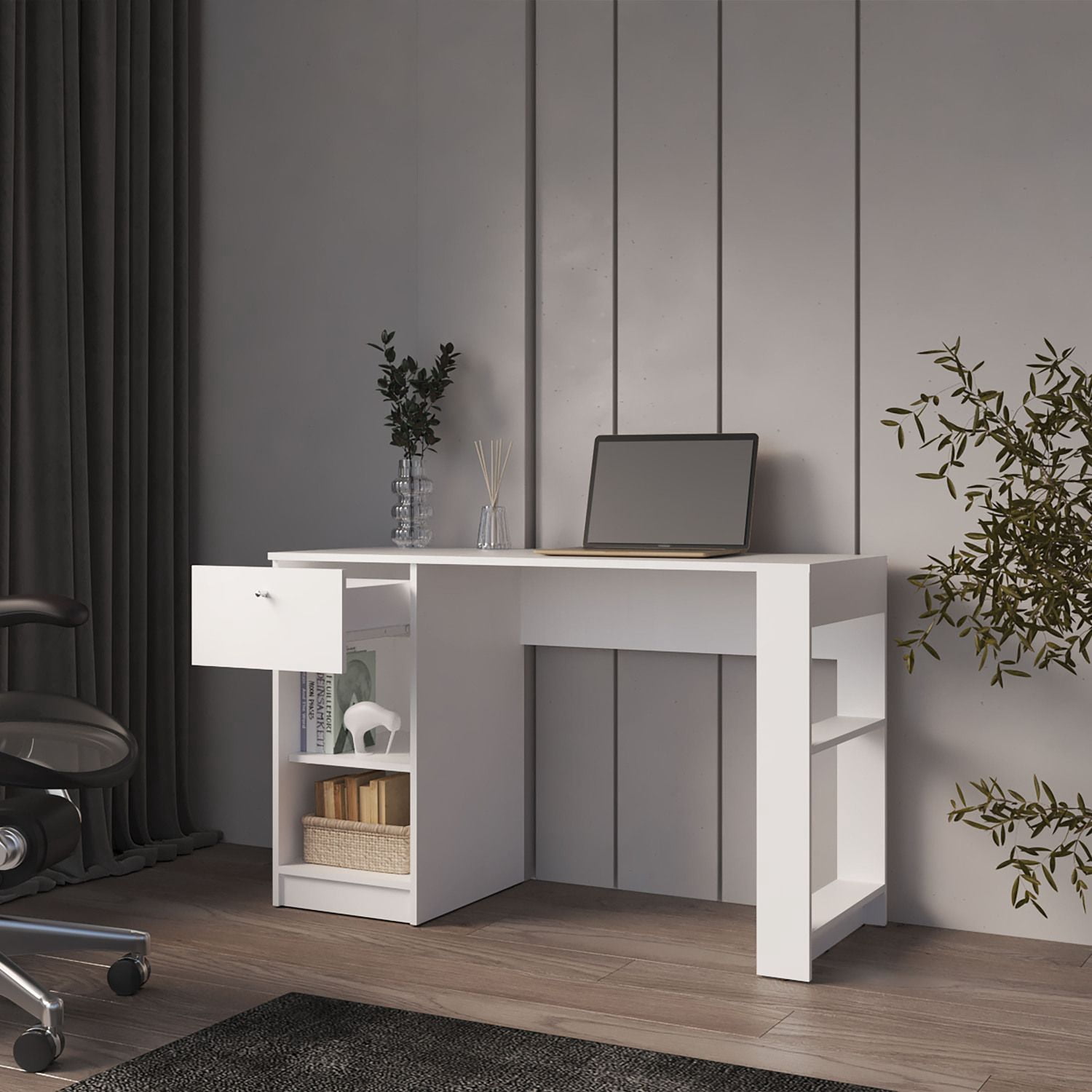 Computer Desk with Drawer and Two Open Shelves, 47.3 in Wide Rectangular Workstation for Home Office and Study, Assembly Required